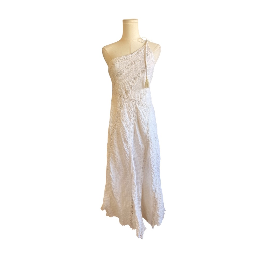 Free People White Cotton One Shoulder Lace Maxi Dress OB1466593 Small